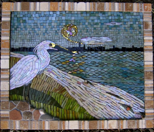 The View; 18" x 20"; stained glass, natural stone, marble; $1800; private home, ME
